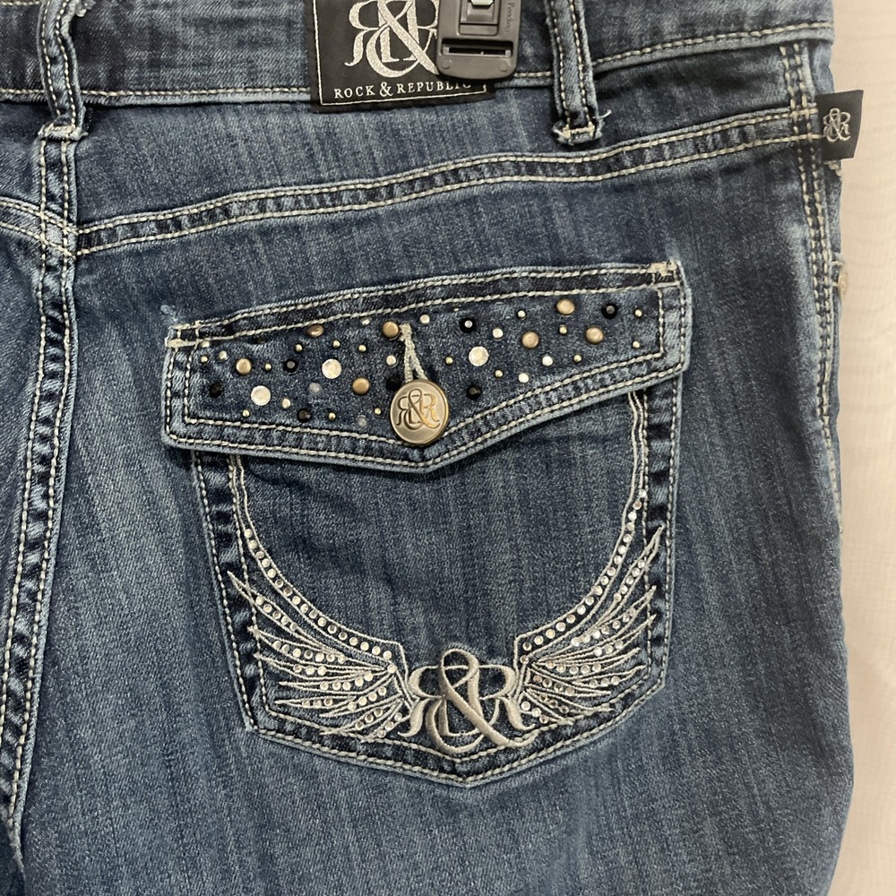 ROCK & REPUBLIC Size 16 X30 Kasandra Boot Cut Jeans Boot Cut Rivet Pockets Bling - Picture 3 of 7